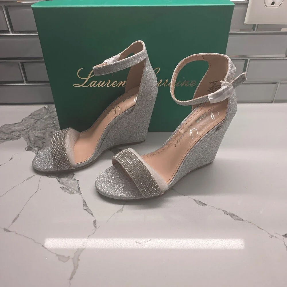 Lauren Lorraine Shimmer Womens Silver Wedge Sandals Rhinestone Ankle Strap Heels